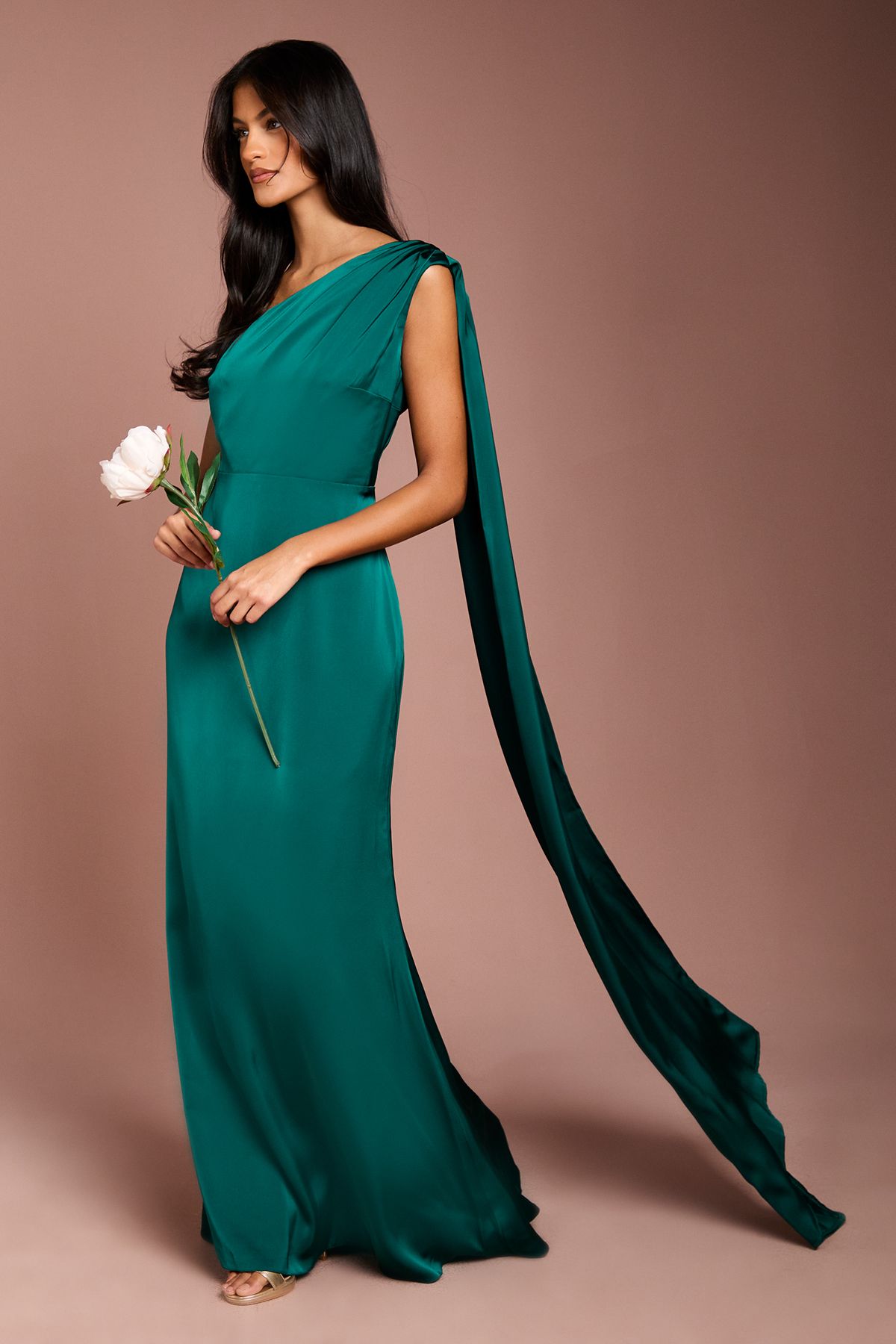 Coast Coast Honoured Petite Drape One Shoulder Satin Maxi Bridesmaid Dress Emerald