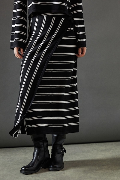 Warehouse Stripe Knitted Wrap Skirt Co Ord Black