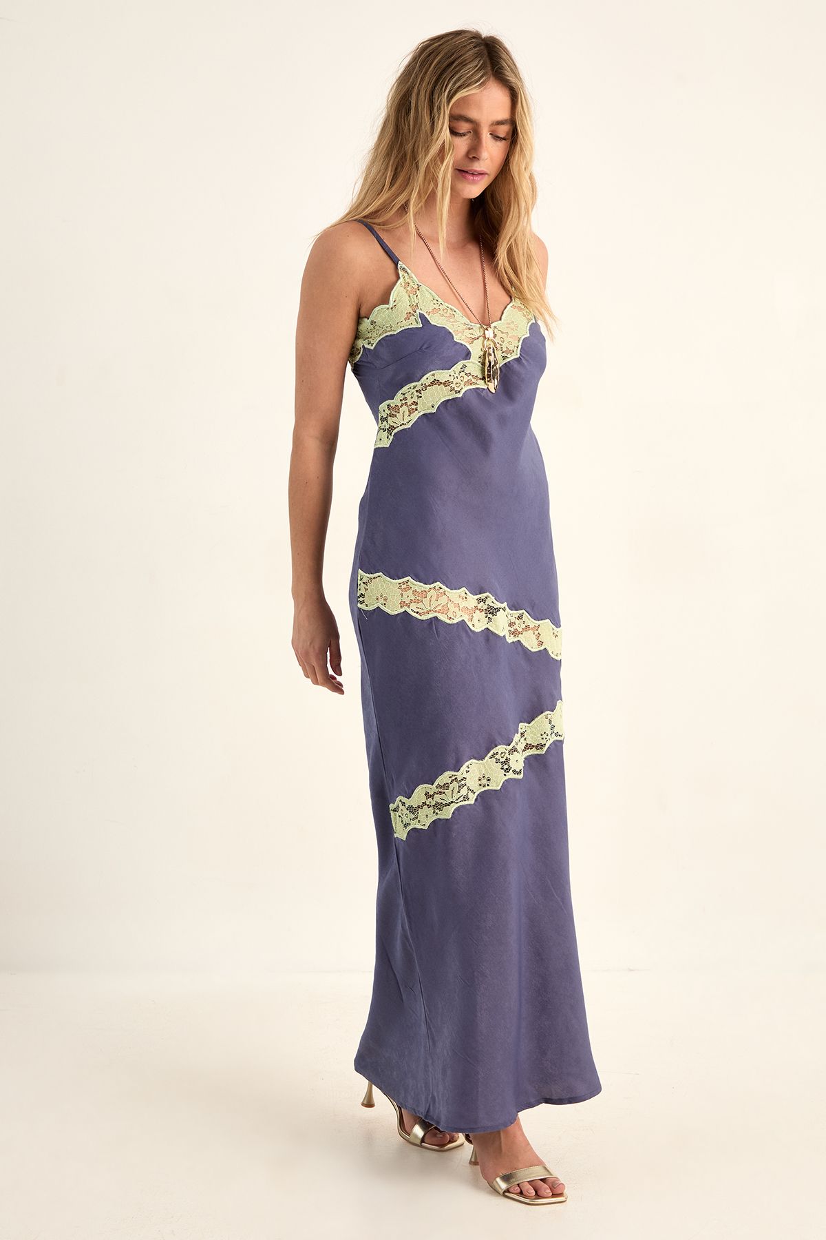 NastyGal Hammered Satin Cutwork Lace Insert Maxi Dress Slate Blue