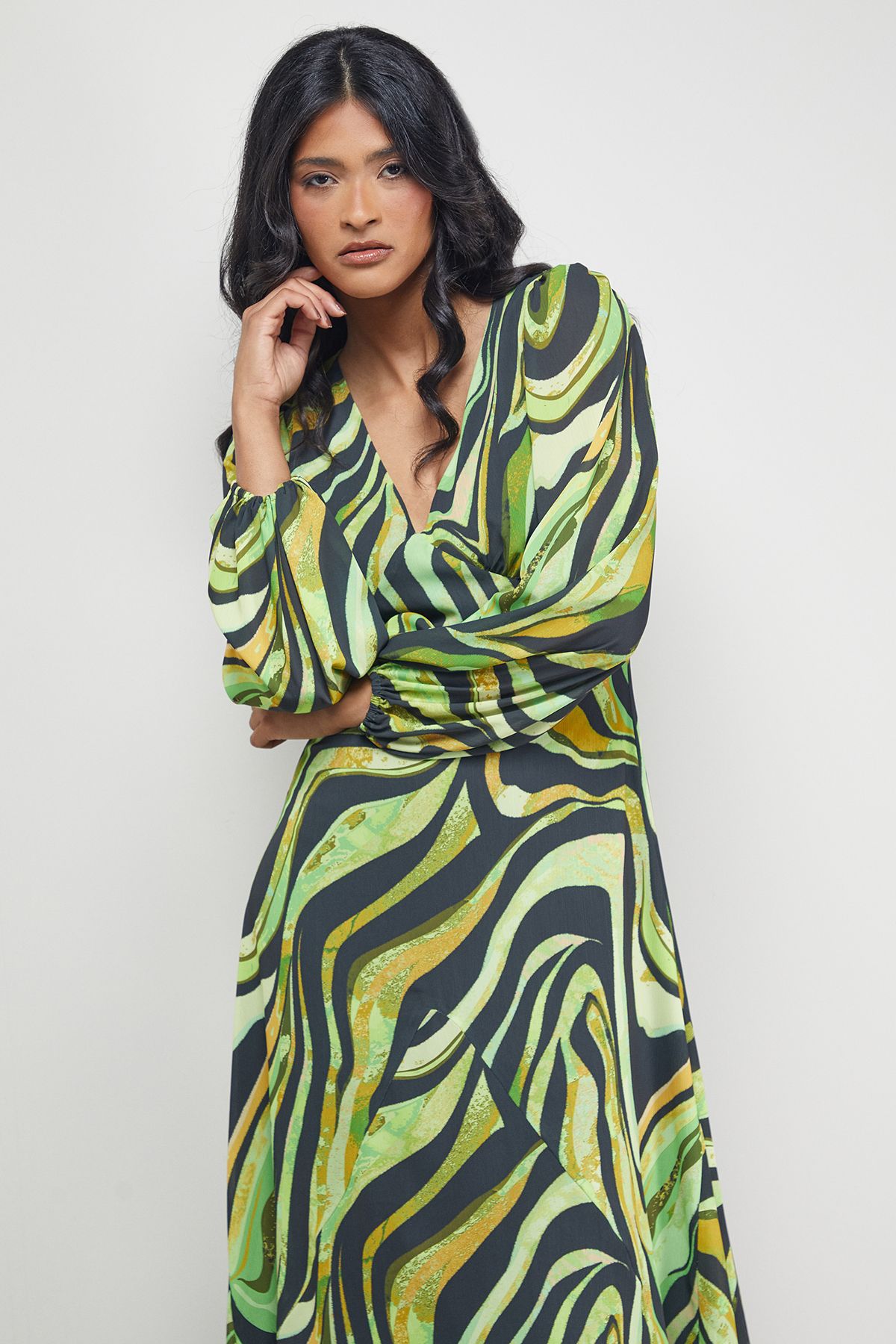 Warehouse Tony Chiffon Plunge Neck Asymmetric Hem Midi Dress Zebra image 5