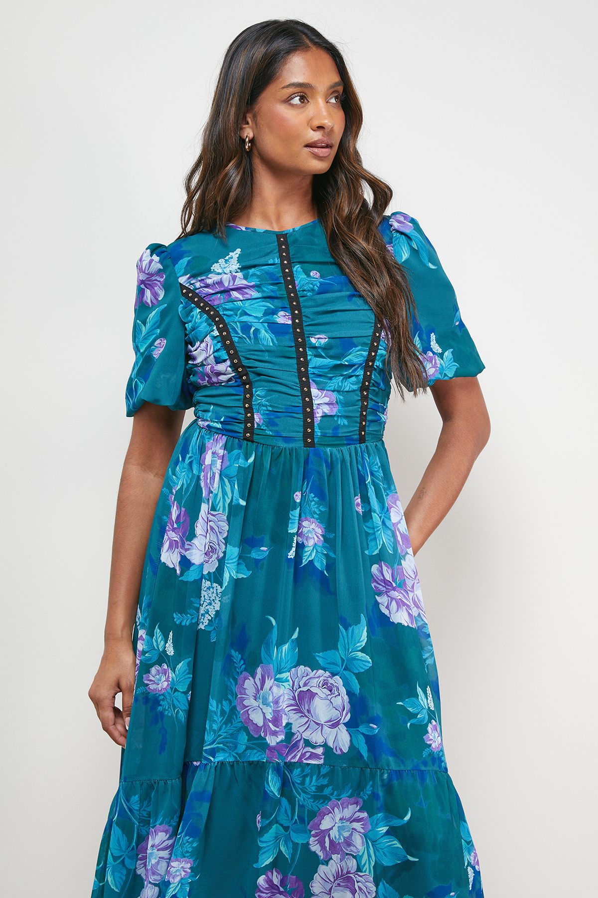 Oasis Printed Ruched Bodice Trim Detail High Low Hem Midi Dress Multi image 2