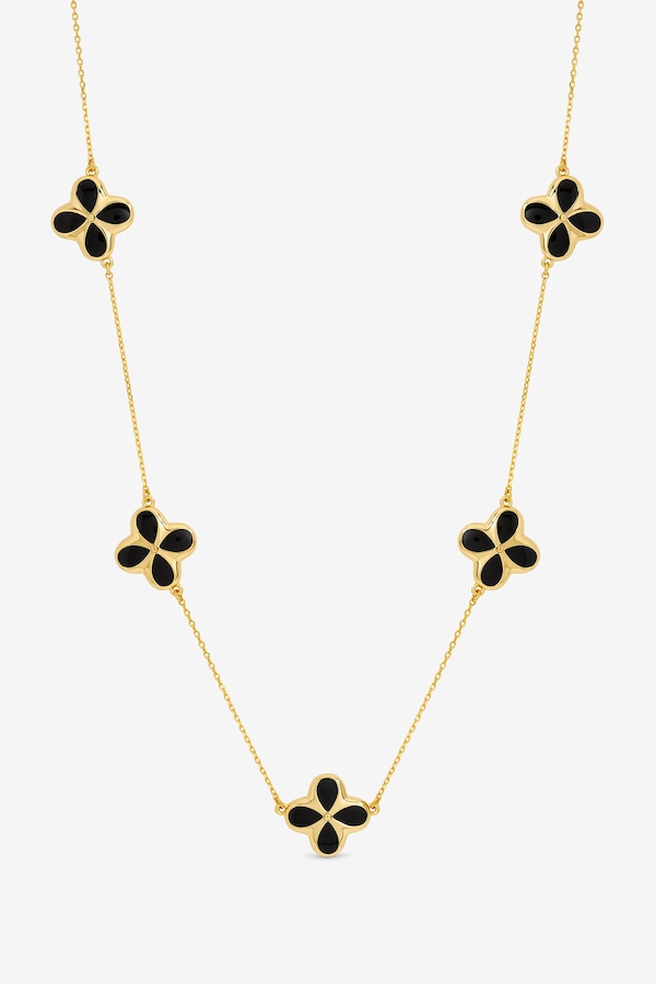 Inicio 14K Gold Plated and Jet Enamel Clover Necklace - Gift Pouch