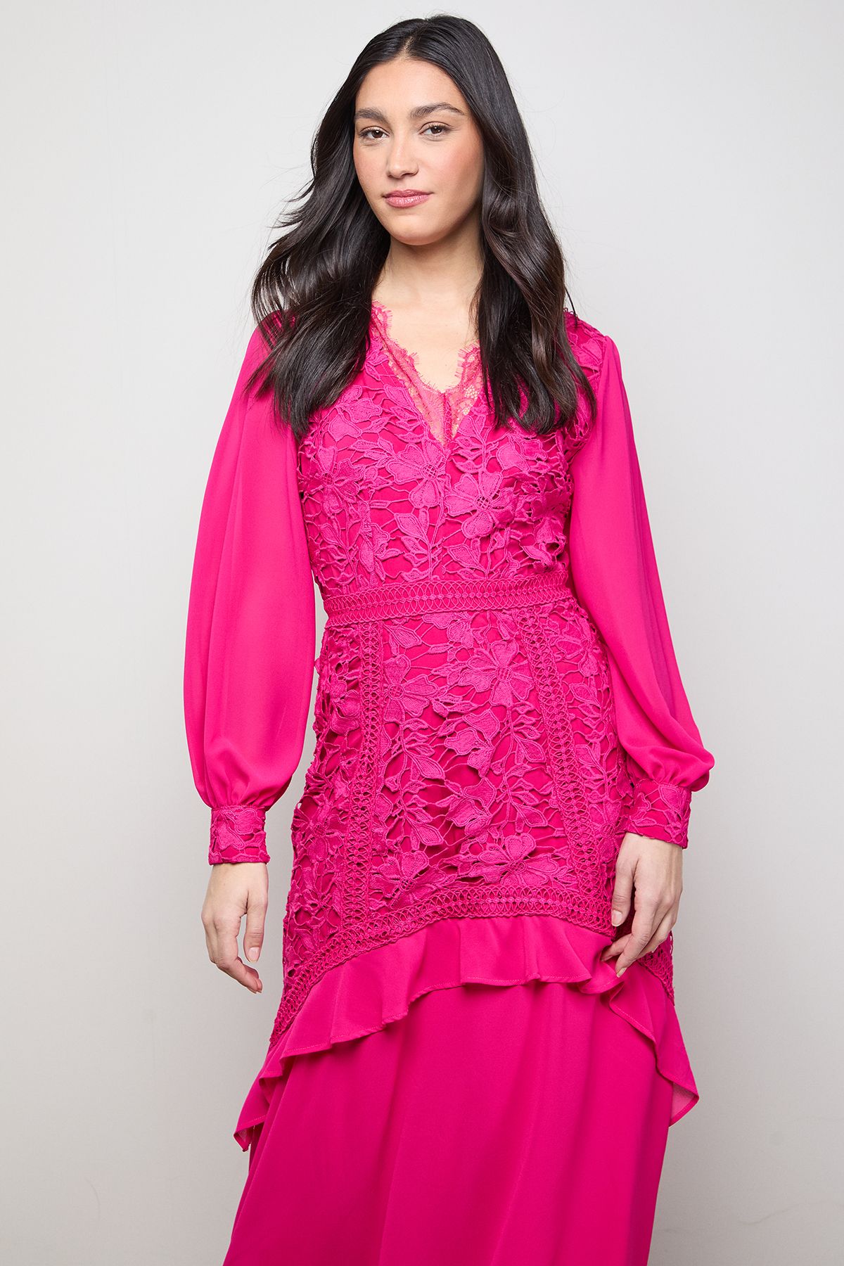 Oasis Lace Puff Sleeve V Neck Midaxi Dress Fuchsia image 2