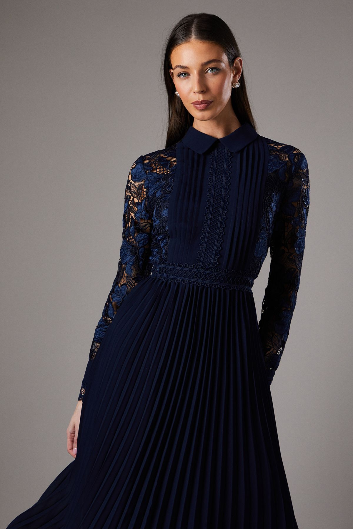 Coast Long Sleeve Lace and Pleated Midi Shirt Dress Navy image 2
