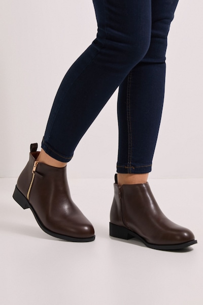 Dorothy Perkins Wide Fit Maddy Side Zip Flat Ankle Boots Brown