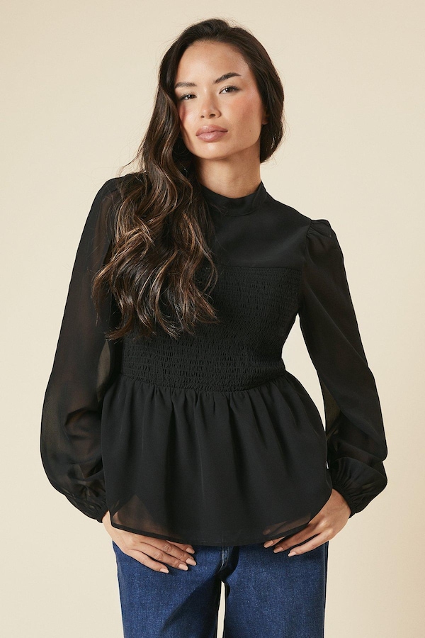 Dorothy Perkins Shirred Front And Back Long Sleeve Blouse Black