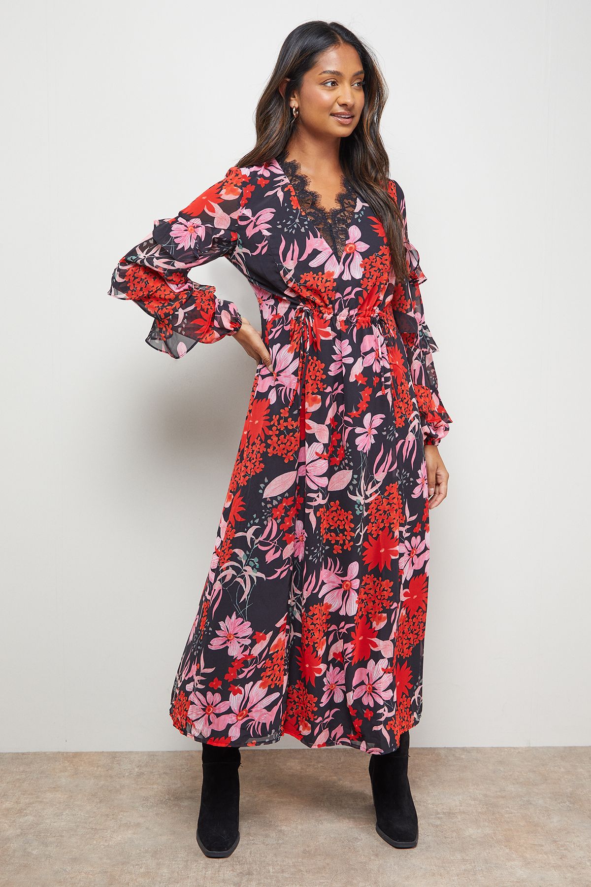 Oasis Printed Lace Detail Frill Sleeve Midi Dress Floral