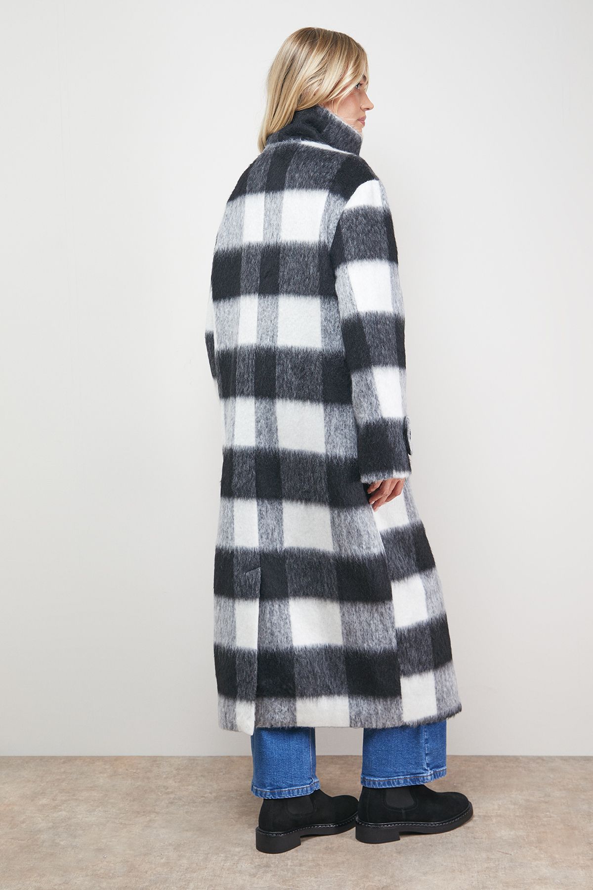 Oasis Brushed Check Funnel Neck Coat Black image 4