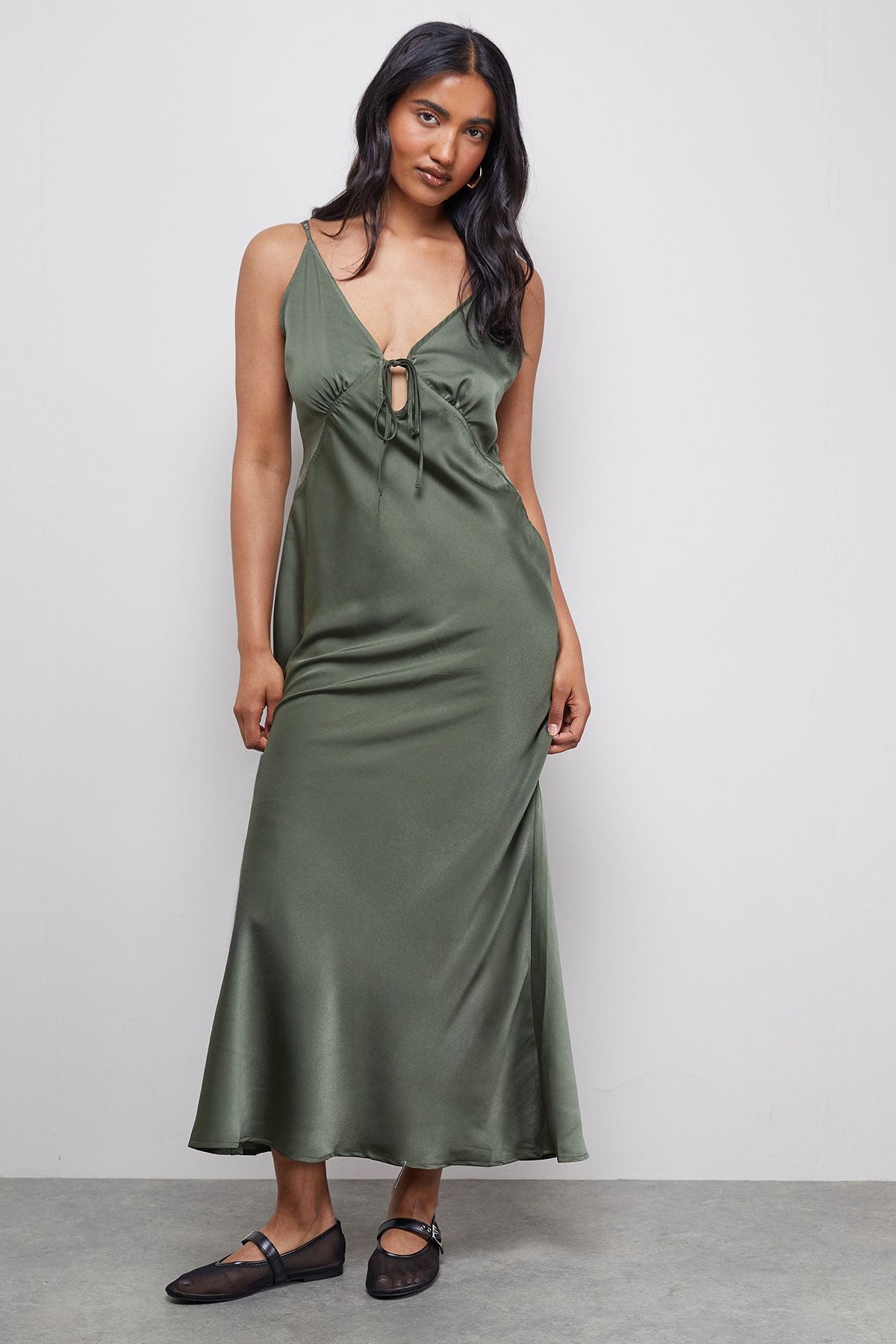 Warehouse Dark Olive Satin Strappy Tie Front Maxi Slip Dress PLT