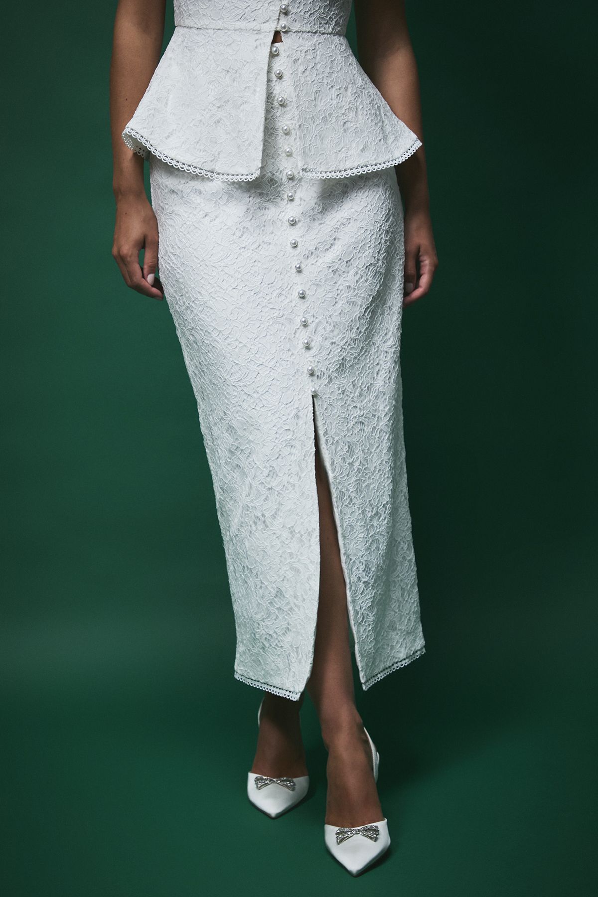 Coast Lisa Tan Textured Sequin Lace Button Through Midi Skirt Ivory image 2