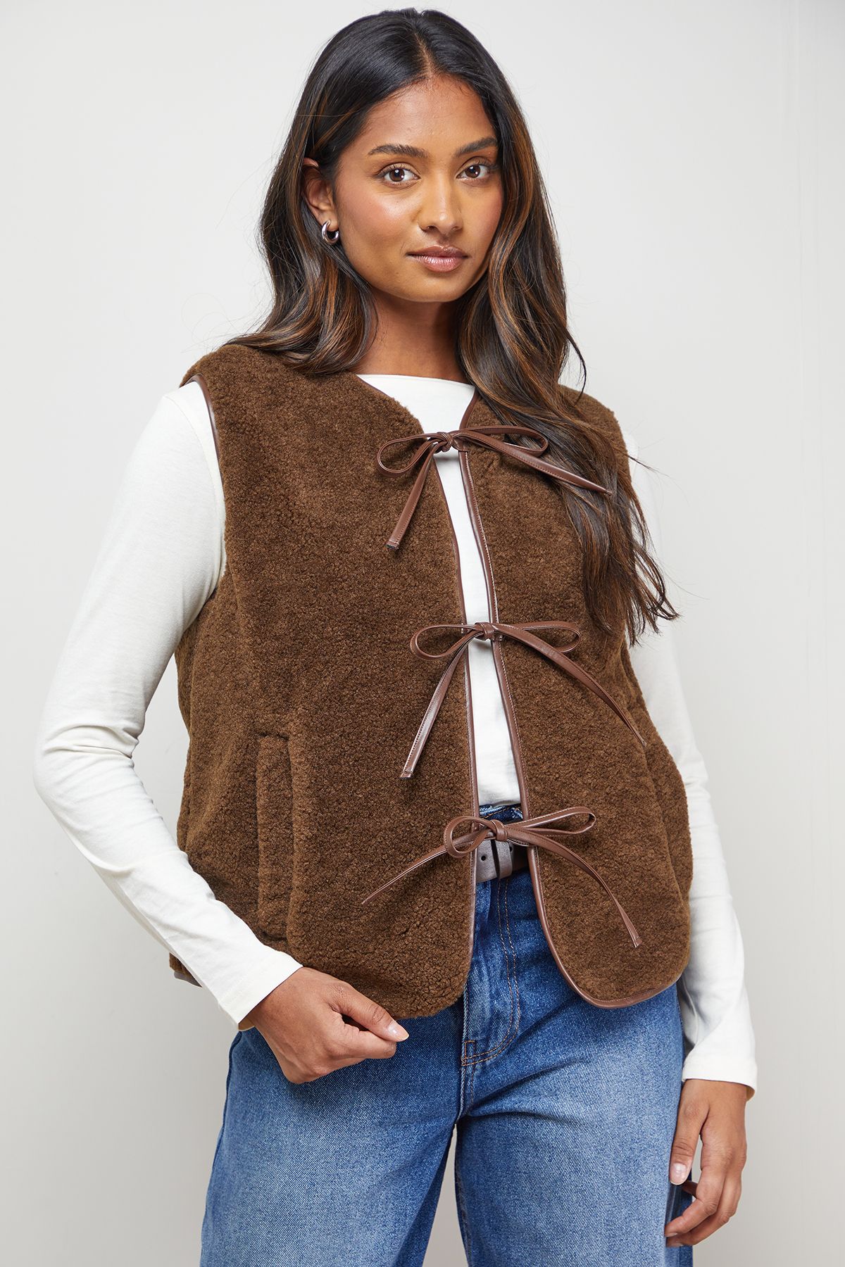 Oasis Faux Fur Gilet With Pu Binding Chocolate image 1