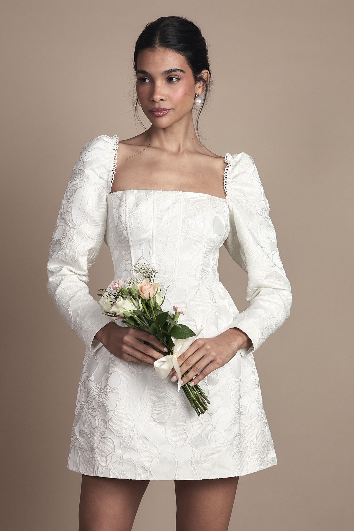 Coast Long Sleeve Square Neck Jaquard Mini Wedding Dress with Bow Detail White image 4