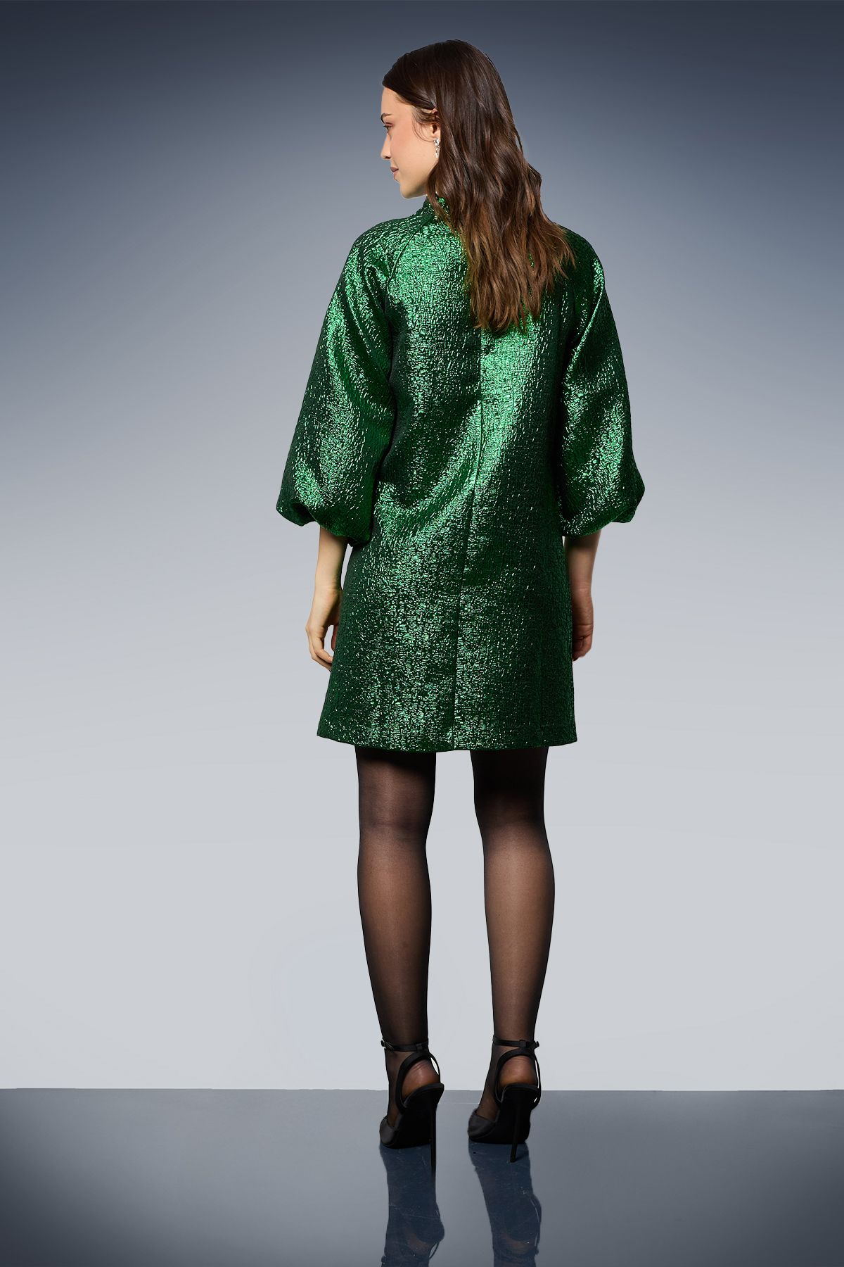Dorothy Perkins DP Luxe Metallic Jacquard Blouson Sleeve Mini Dress Green image 3