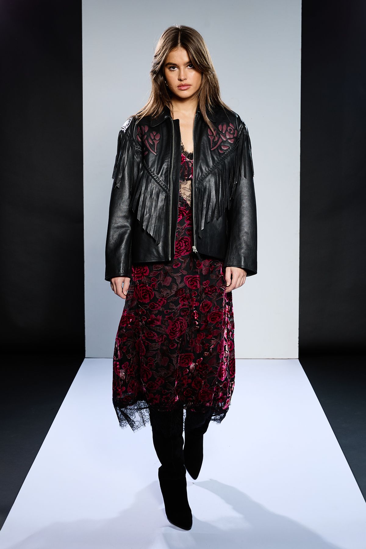 RUNWAY 1.8.1.8 Runway 1.8.1.8 Leather Rose Detail Fringed Jacket Black