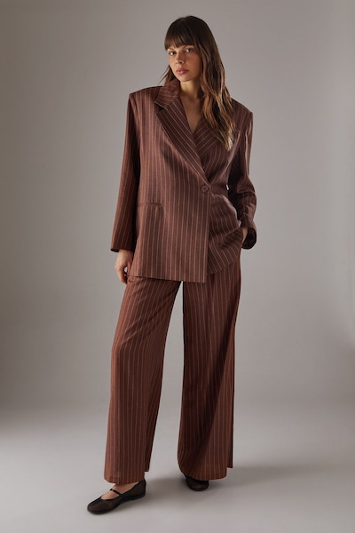 Warehouse Linen Look Pinstripe Tailored Trousers Chocolate