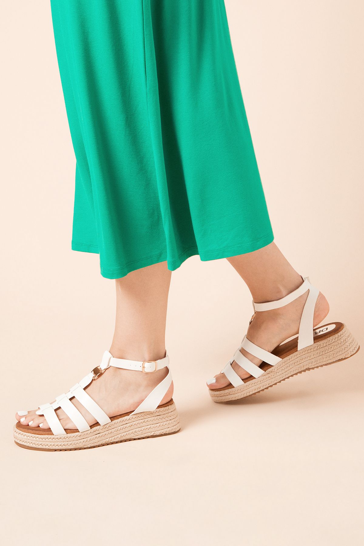 Dorothy Perkins Rover Faux Leather T-bar Espadrille Medium Wedge Sandals White