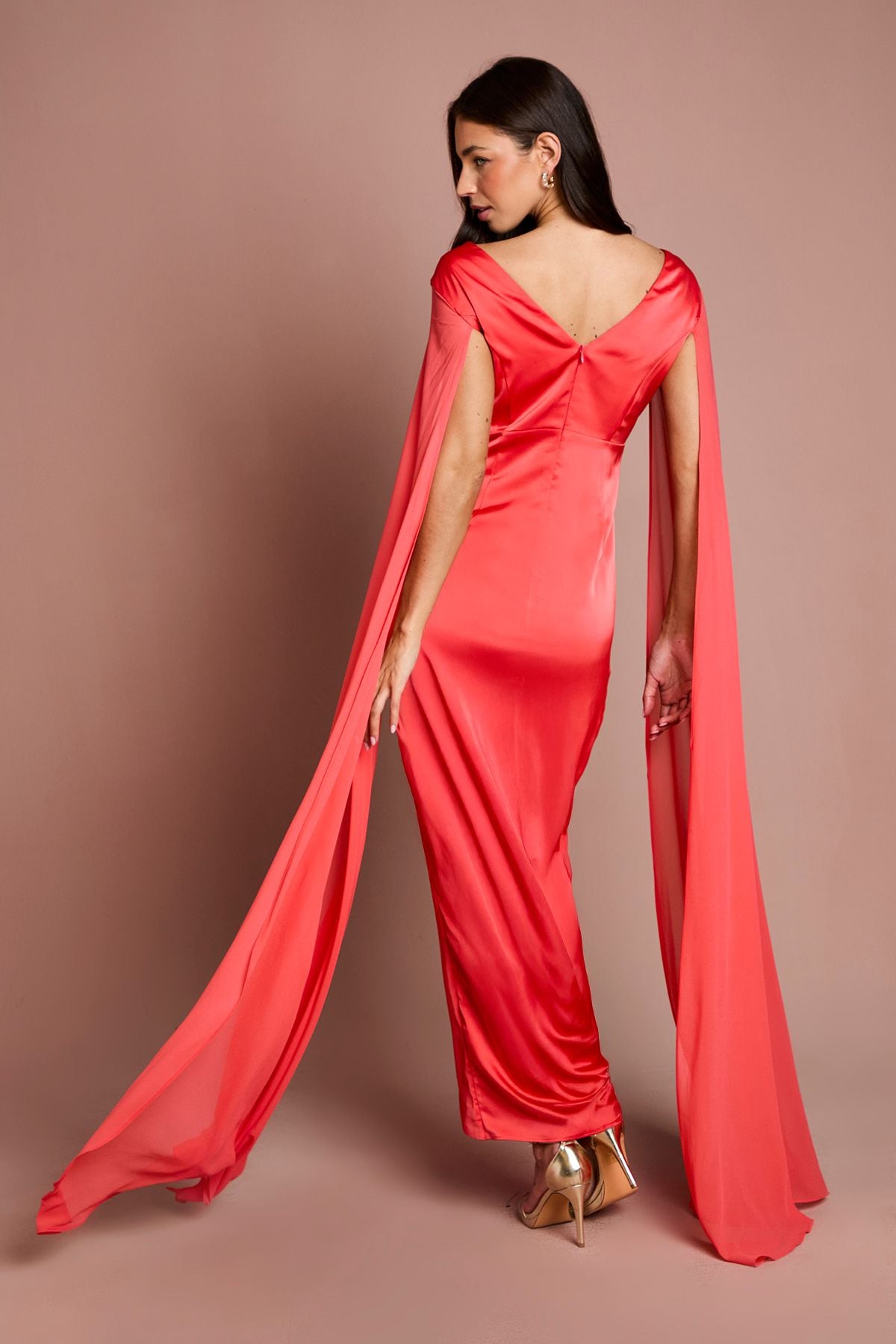 Coast Satin Cape Sleeve Maxi Dress Coral image 3