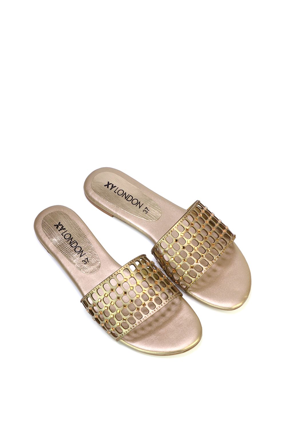 XY London 'Abbie' Mesh Strappy Diamante Slip On Flat Sandals Sliders image 2