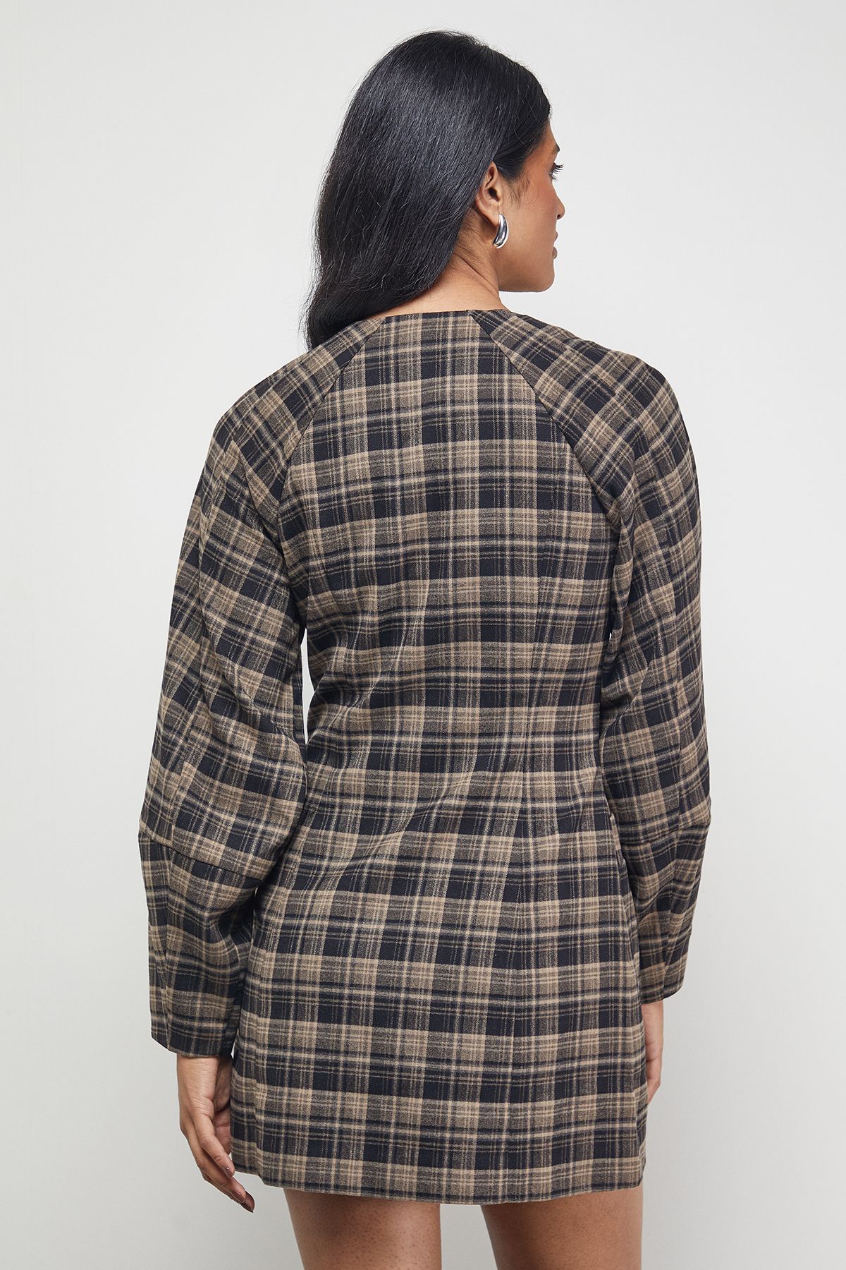 Warehouse Check Structured Seam Zip Front Mini Dress Brown image 3