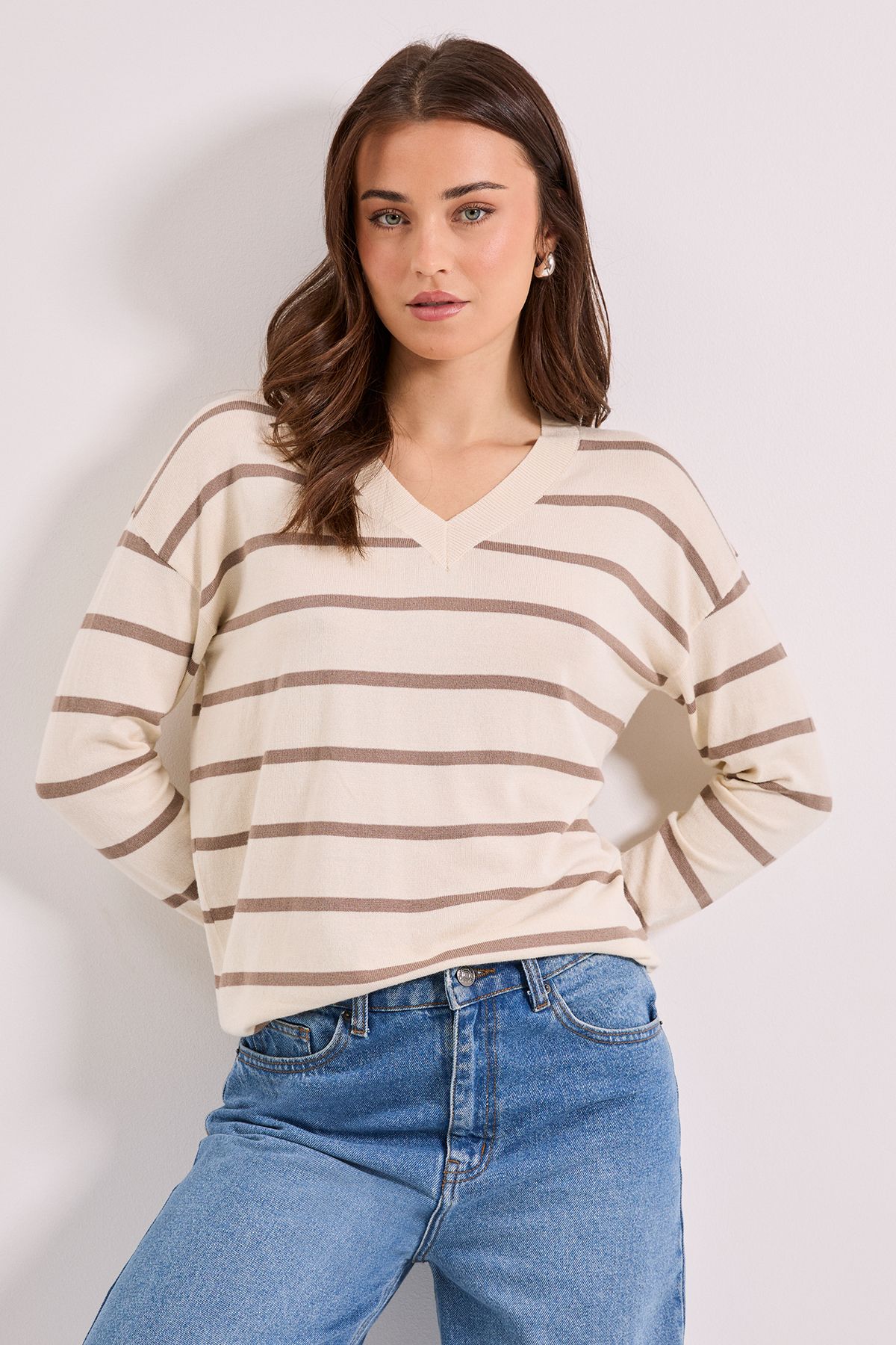 Dorothy Perkins Stripe V Neck Button Cuff Jumper Stripe