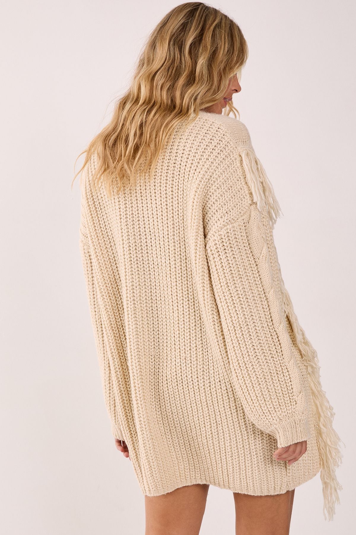 NastyGal Fringe Cable Mix Longline Knitted Cardigan Cream image 3