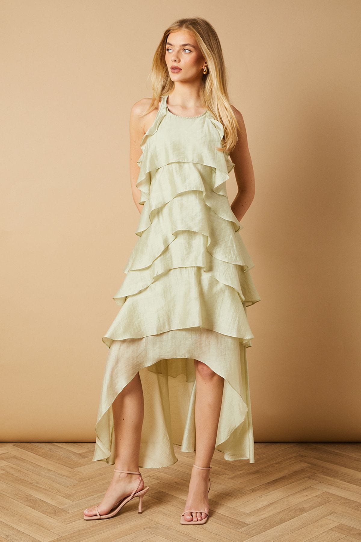 Oasis Ruffle Detail Tiered Midi Dress Green image 1