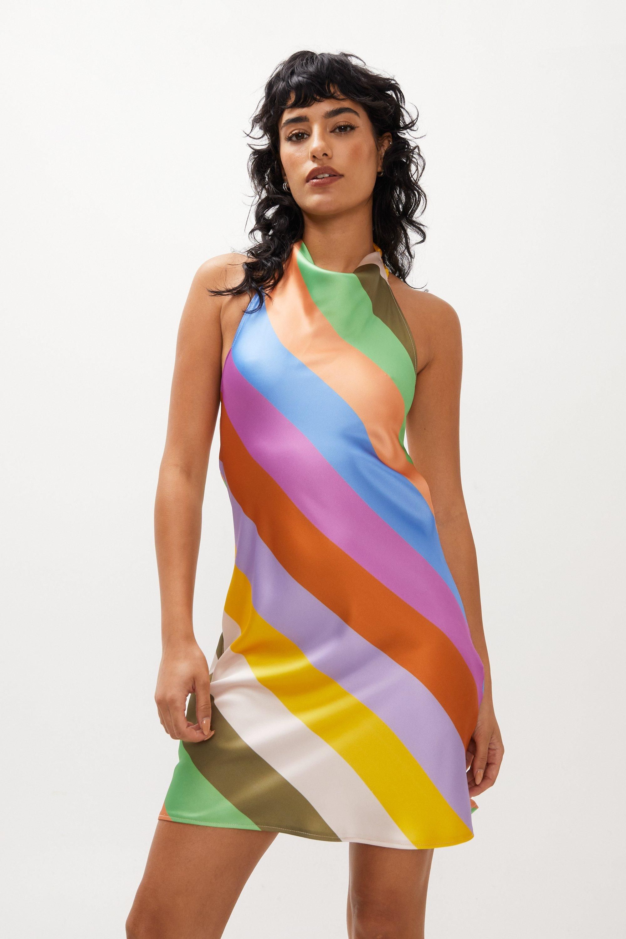 NastyGal Stripe Satin Halterneck Mini Dress Pink image 1