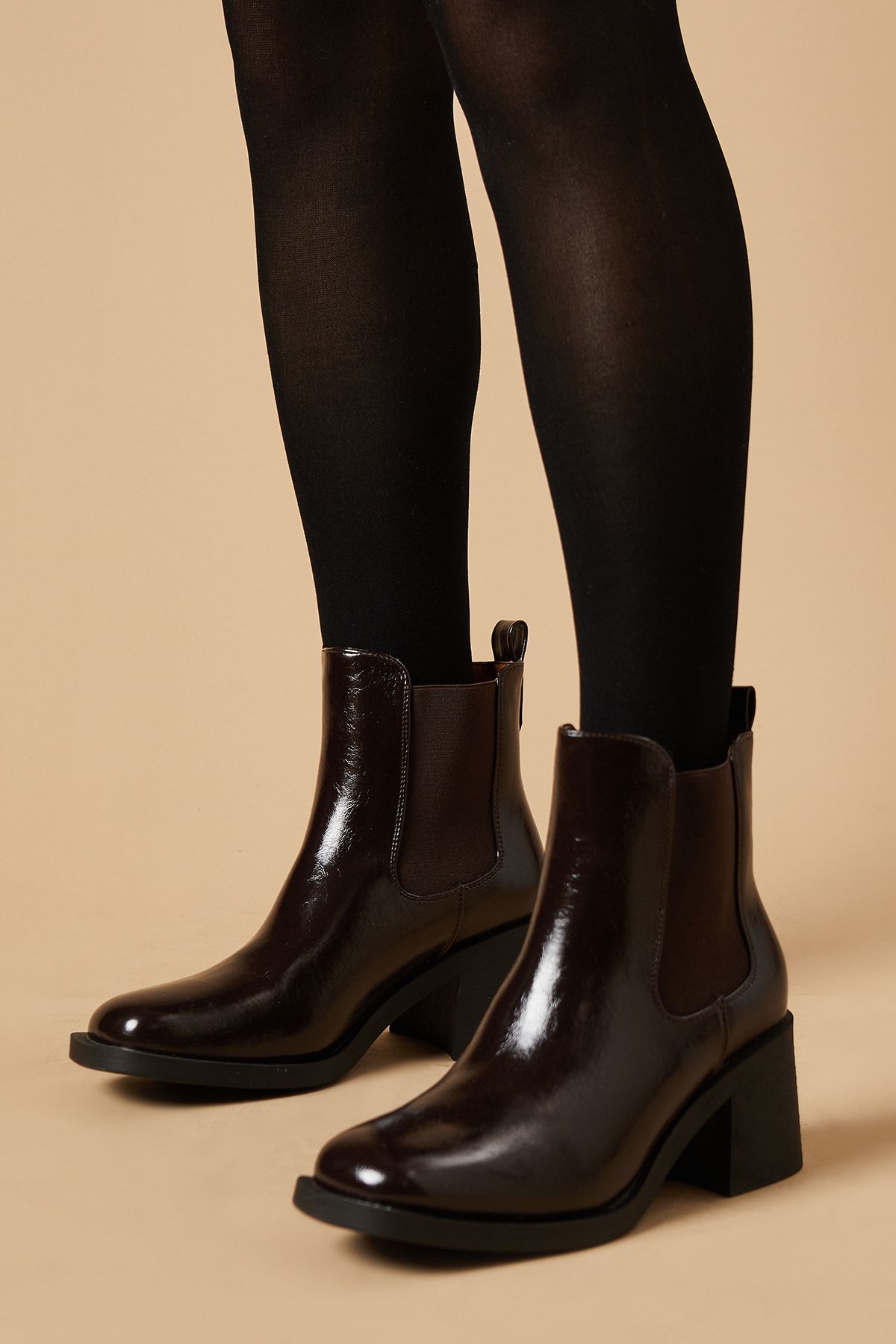 Oasis Eva High Shine Chunky Heel Chelsea Ankle Boot Chocolate image 1