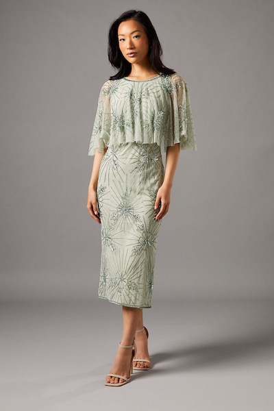 Coast Floral Embellished Cape Midi Dress Sage