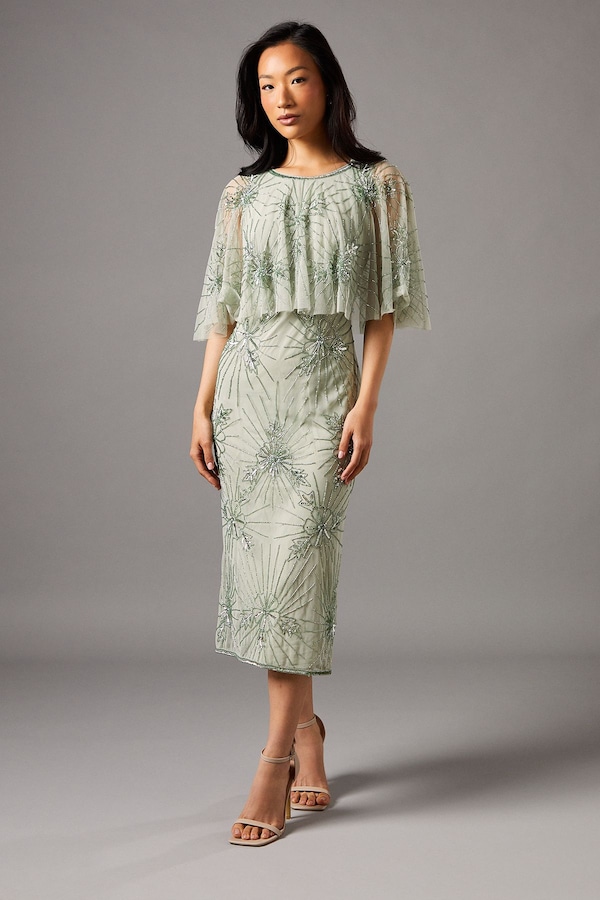 Coast Floral Embellished Cape Midi Dress Sage