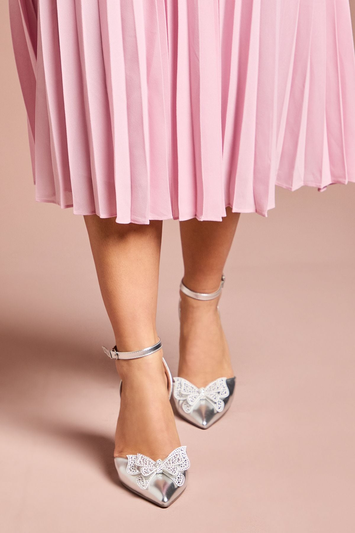 Coast Poppy Satin Diamante Butterfly Trim Pointed High Stiletto Heel Court Shoes Silver image 2