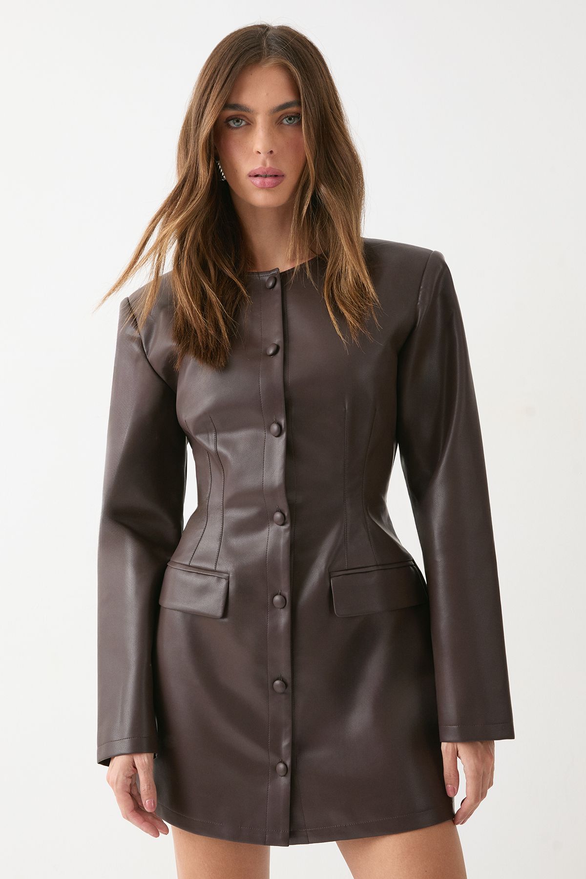 MissPap Faux Leather Moulded Waist Blazer Dress Choc Brown image 1