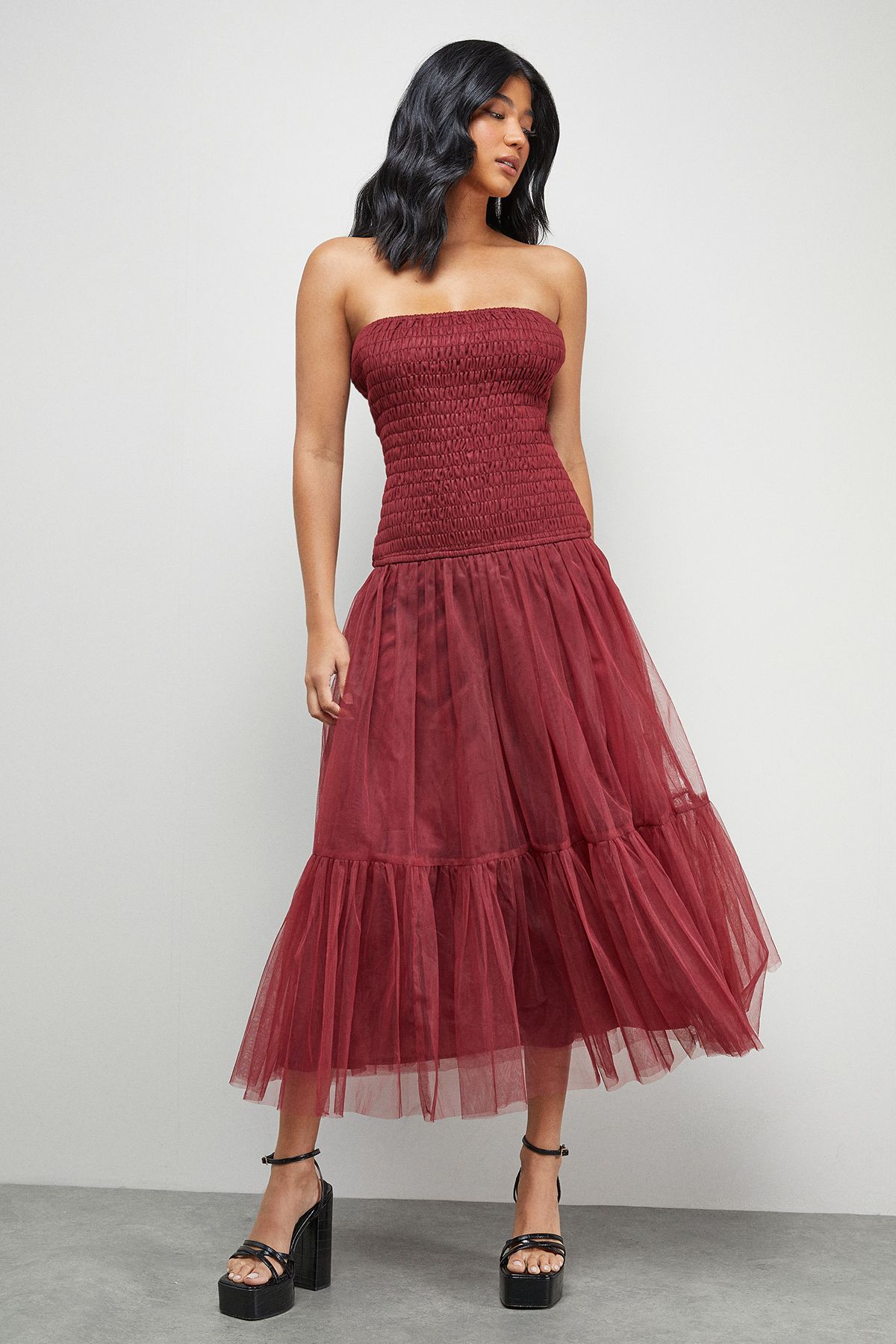 Warehouse Bandeau Sheering Tulle Maxi Dress Wine