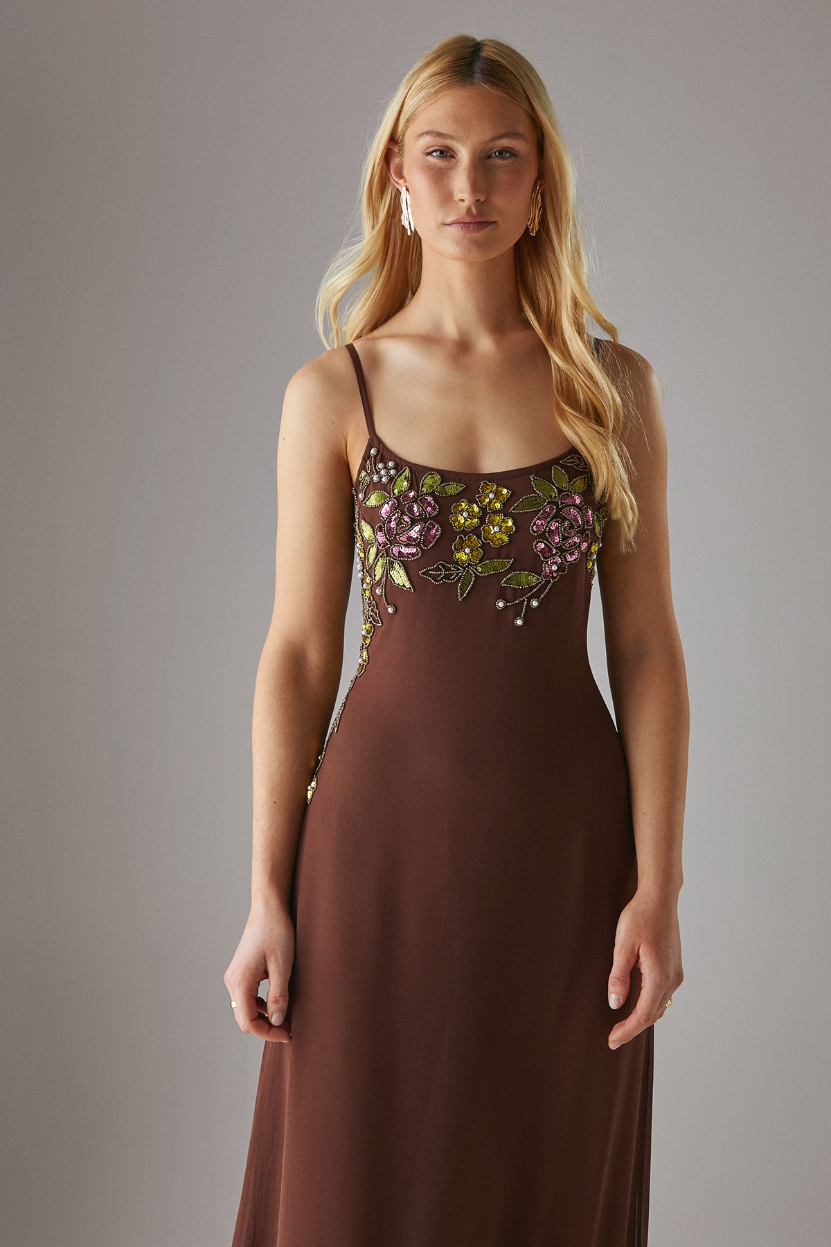 Warehouse Hand Embellished Strappy Bias Sequin Midi Dress Chocolate image 2