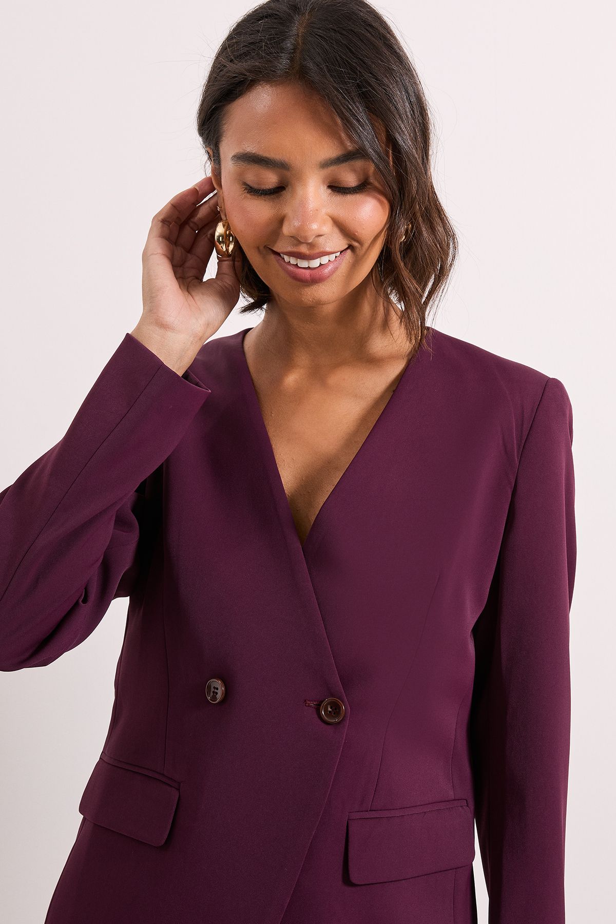 Dorothy Perkins V Neck Longline Double Breasted Blazer Berry image 4