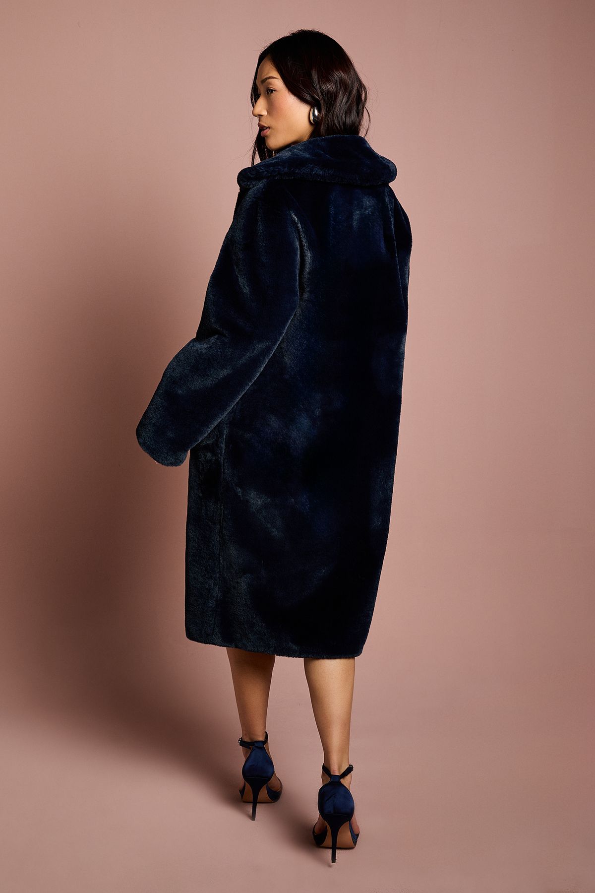 Coast Navy Faux Fur Longline Collared Coat Navy image 3