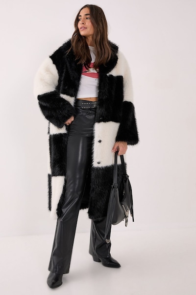 NastyGal Mono Check Collared Faux Fur Coat Mono