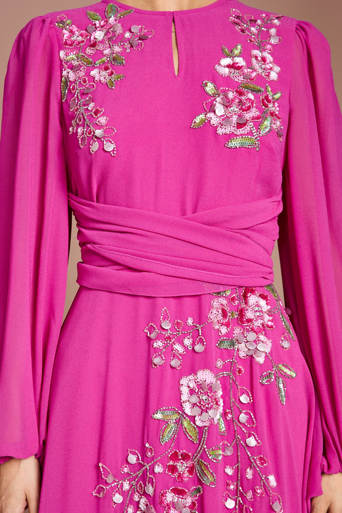 Coast Long Sleeve Wrap Waist Embellished Floral Maxi Dress Hot Pink image 4