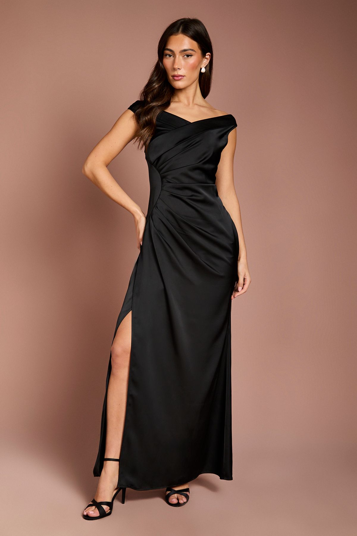 Coast Satin Bardot Bridesmaid Maxi Dress with Waist Ruching Detail Black image 1
