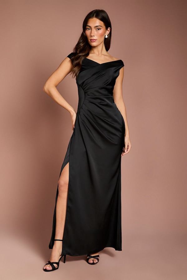 Coast Satin Bardot Bridesmaid Maxi Dress with Waist Ruching Detail Black