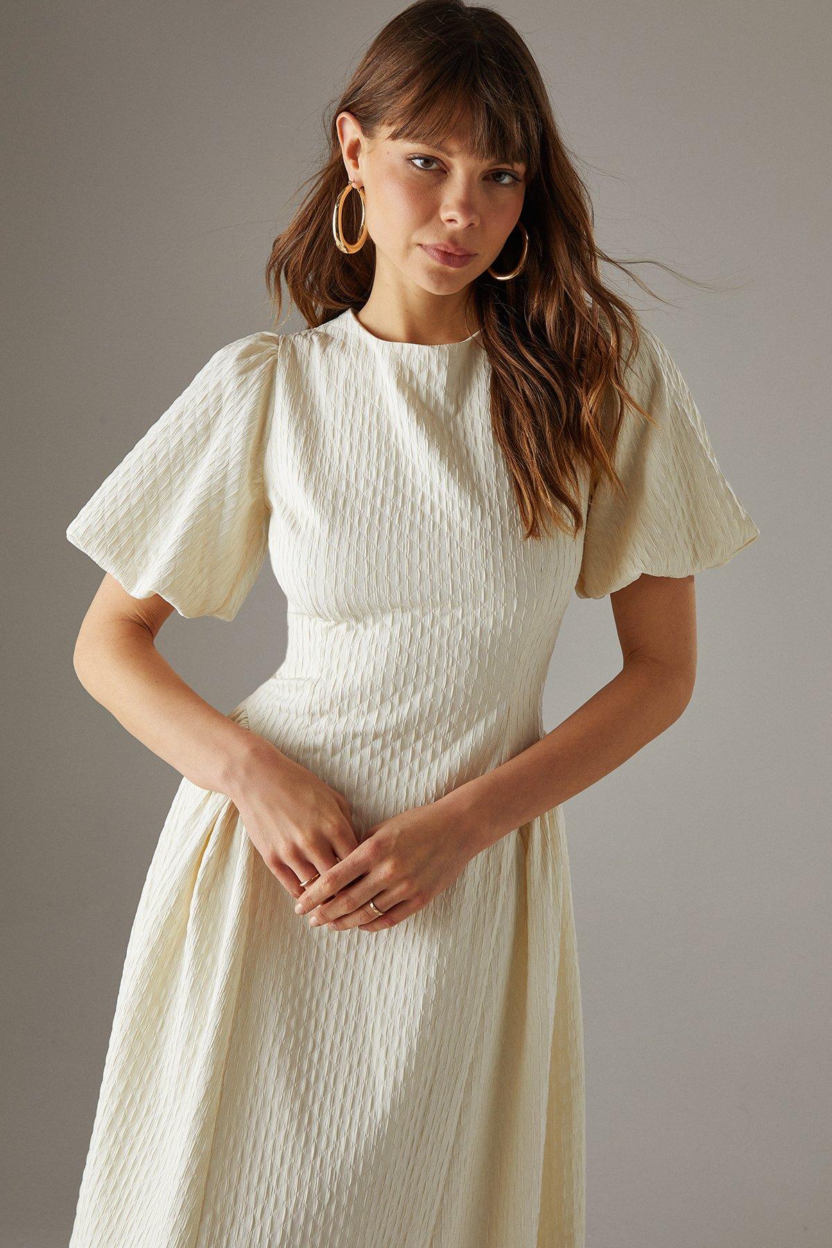 Warehouse Seersucker Organza Godet Side Puff Sleeve Midi Dress Cream image 2