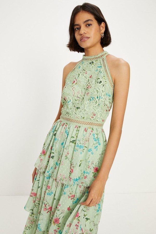 Oasis Soft Floral Lace Halter Neck Tiered Midi Dress Sage