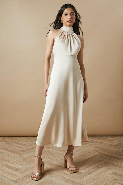 Oasis Occasion Velvet Tie Halterneck Midaxi Dress Champagne