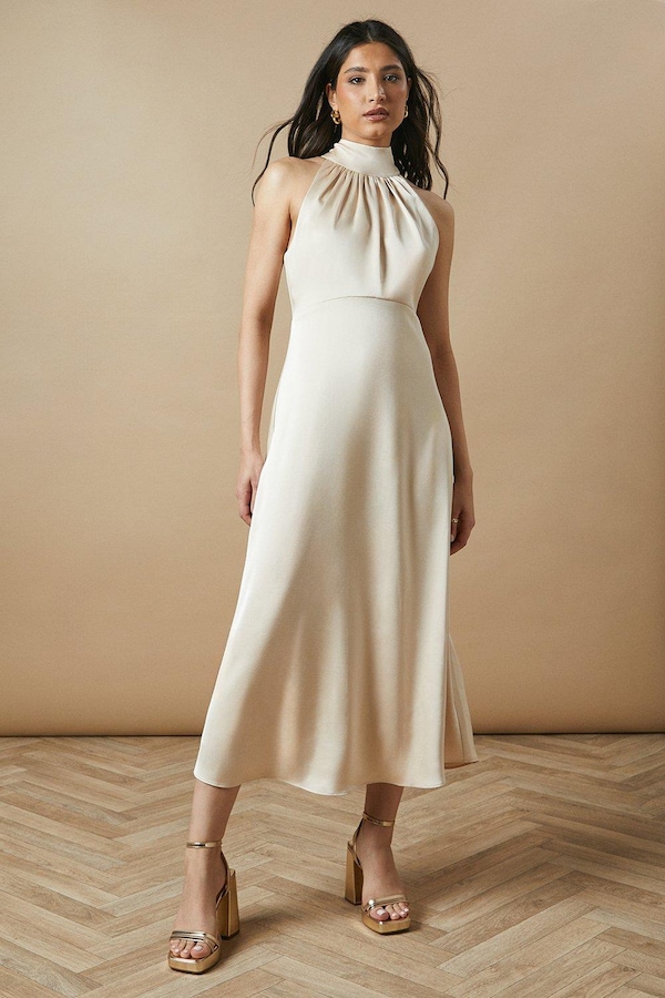 Oasis Occasion Velvet Tie Halterneck Midaxi Dress Champagne