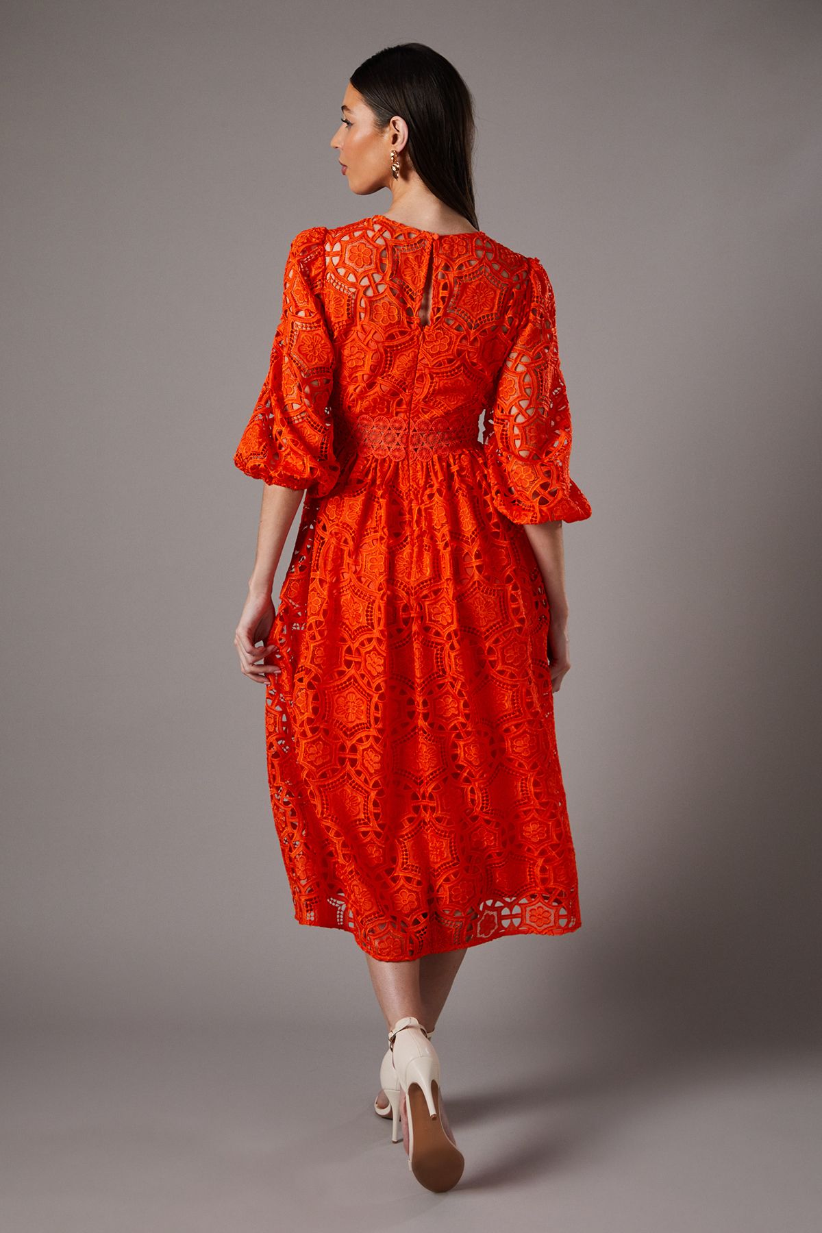 Coast Geo lace Blouson Sleeve Midi Dress Orange image 3