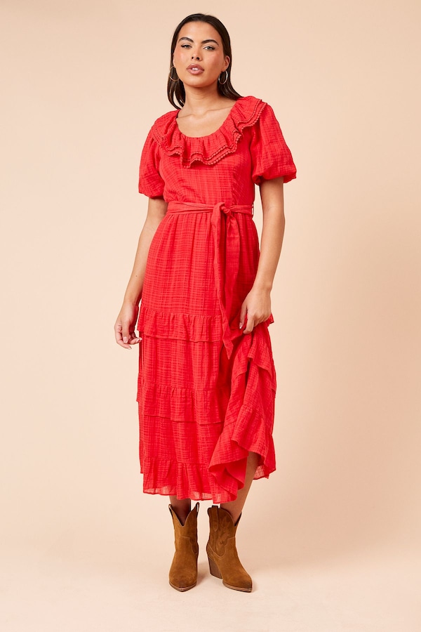 Dorothy Perkins Scoop Neck Ruffle Tiered Midi Dress Red