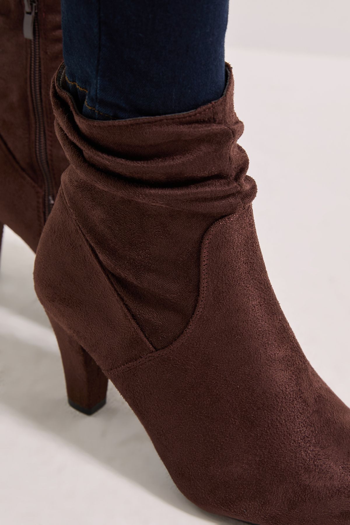 Dorothy Perkins Wide Fit Ally Faux Suede Ruched High Heeled Ankle Boots Brown image 4