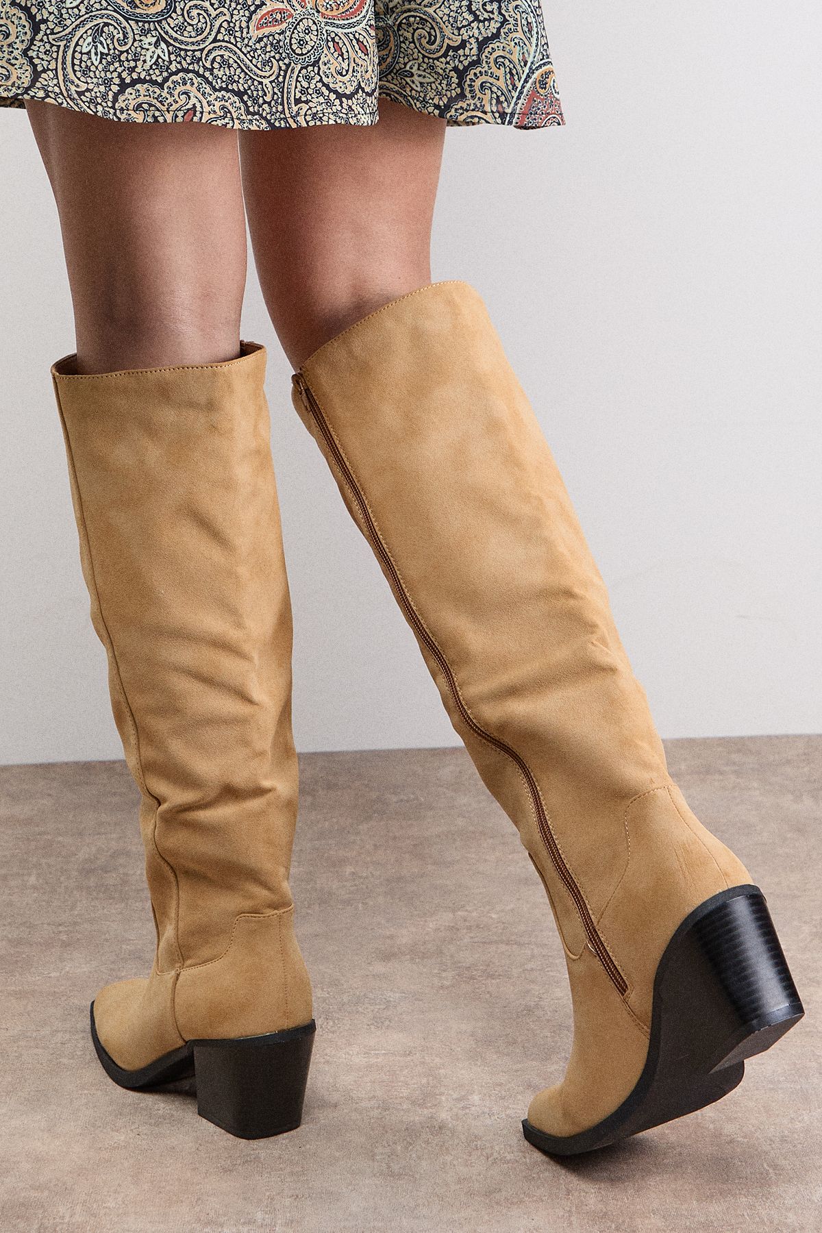 Oasis Ruby Faux Nubuck Leather Western High Block Knee Boot Beige image 4