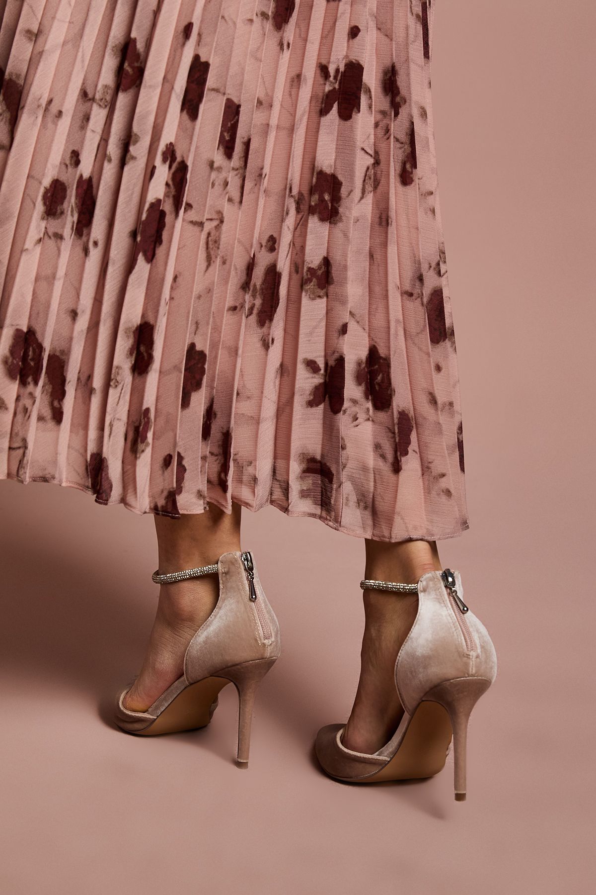 Coast Sicily Velvet Diamante Ankle Strap Pointed Court Shoes Champagne image 4