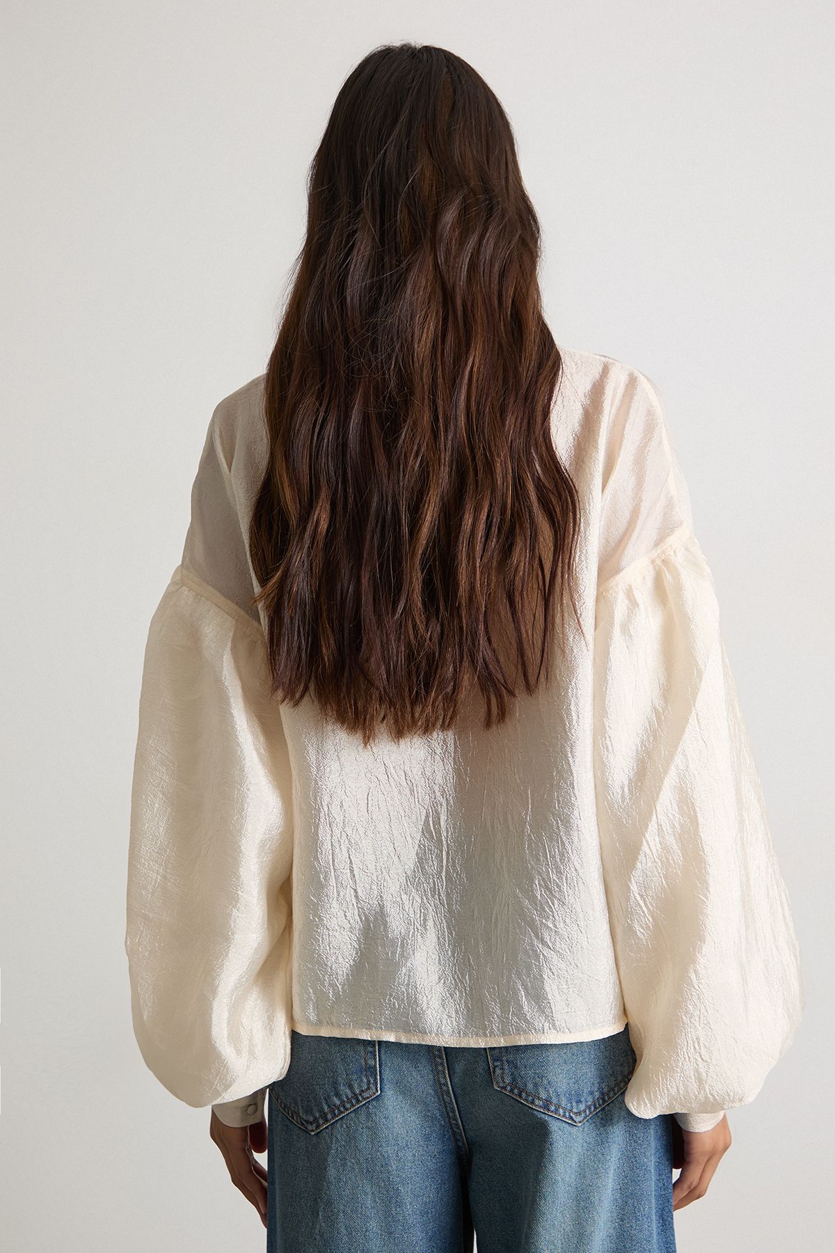 Warehouse Pussybow Tie Neck Blouson Sleeve Blouse Cream image 3